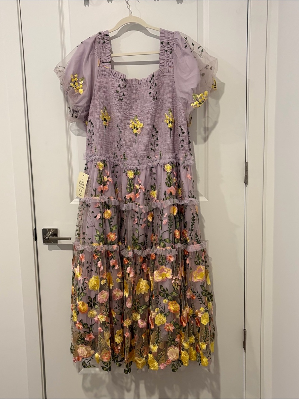 JessaKae Lavender Floral Embroidered Tiered Dress with Yellow and Pink Accents